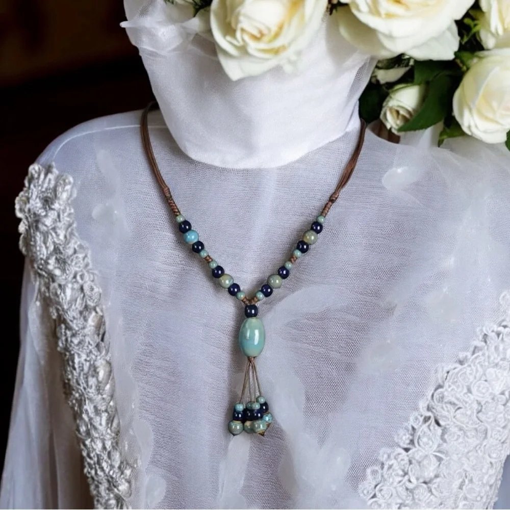 1pc Vintage Ethnic Style Boho Handwoven Ceramic Beaded Adjustable‎ Necklace